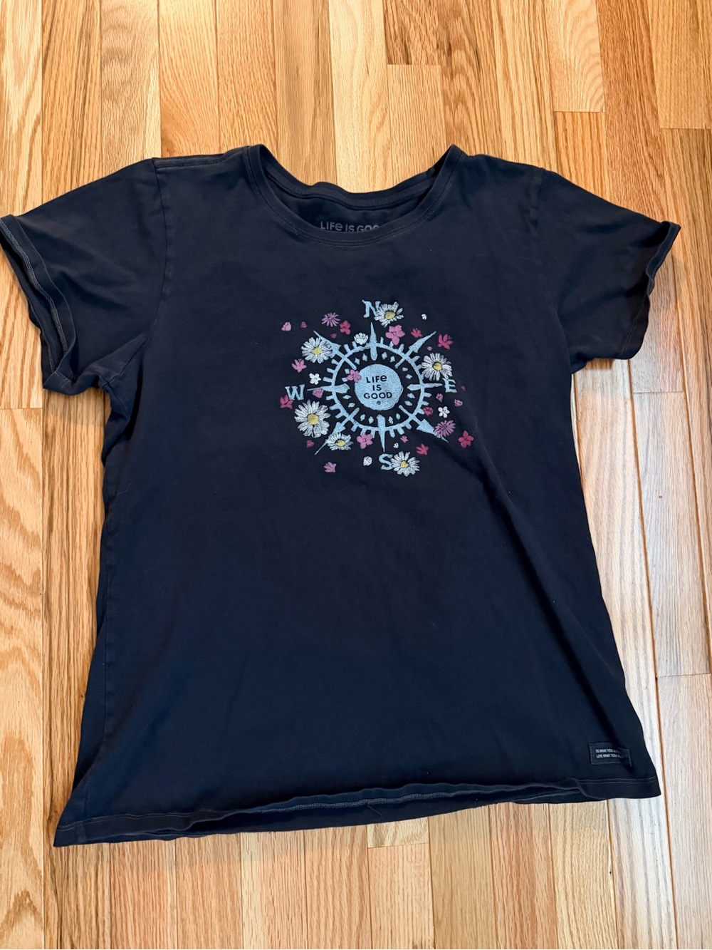 Life Is Good Black Short-Sleeve Tee with Floral Compass Graphic